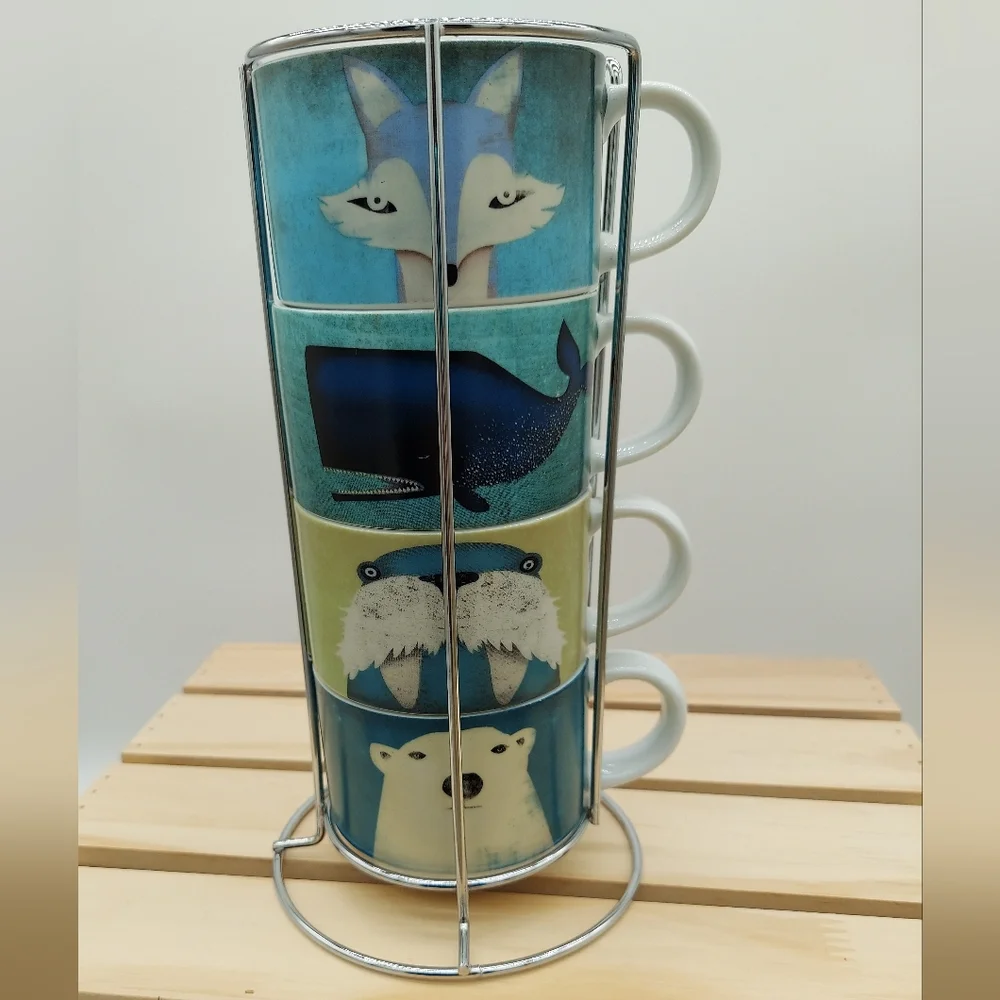 Artic Animals Pier 1 Imports Mugs Colorful Stacking Coffee Tea 4 Piece Set